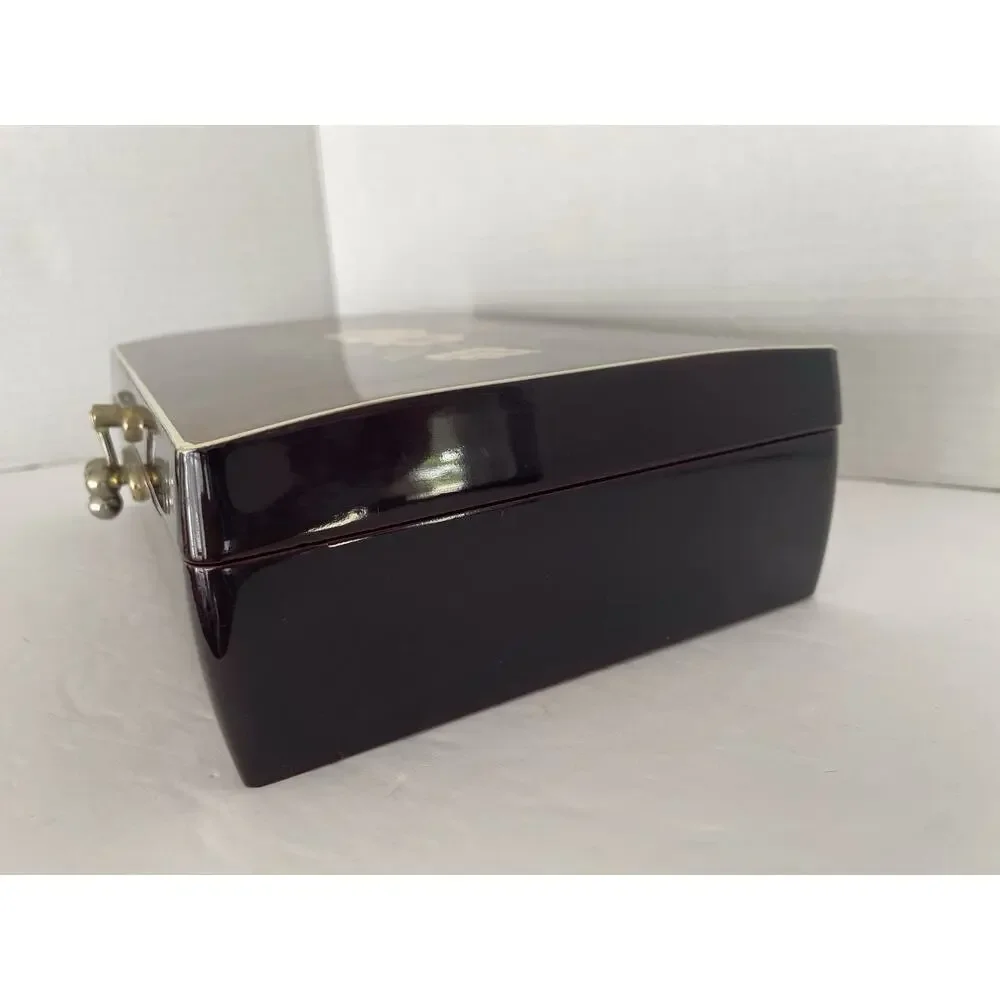 VTG Kimco Japan Wooden Jewelry Box Floral Inlay Gold Velvet Lining Mirror